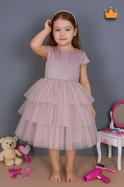 MİNİMONY 4-8 Years Old Pearl Crown Layered Tulle Skirt Baby Girl Children's Evening Dress Dress Holiday Wedding Dress Lilac 6572