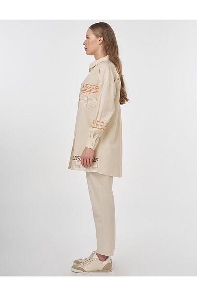 Kayra Linen Blended Embroidered Tunic Cream