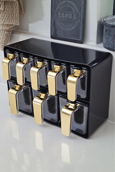 Herevin Sekizli Standlı Baharatlık Seti Gold Kulplu Siyah Kapak – 161280-822