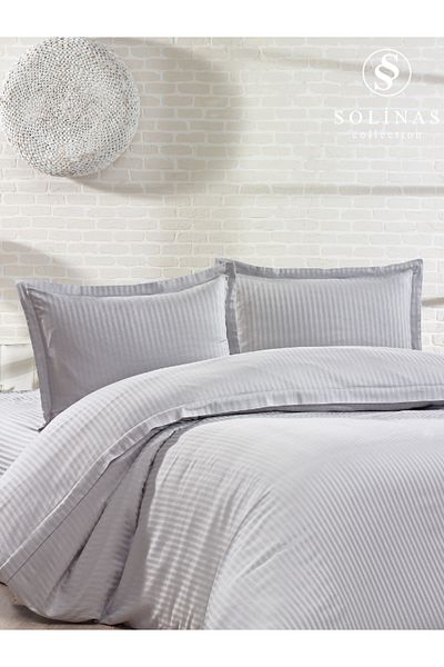 Solinas Collection Grisella Striped Gray 100% Cotton Satin Double Duvet Cover Set