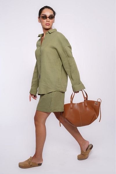 Seeh Khaki Basic Muslin Shorts Shirt Set Sh230
