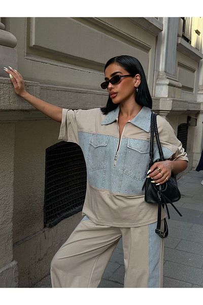 Bliss Γυναικείο κοντομάνικο τζιν με φερμουάρ Oversize κάτω κορυφαίο σετ φόρμας κρέμας