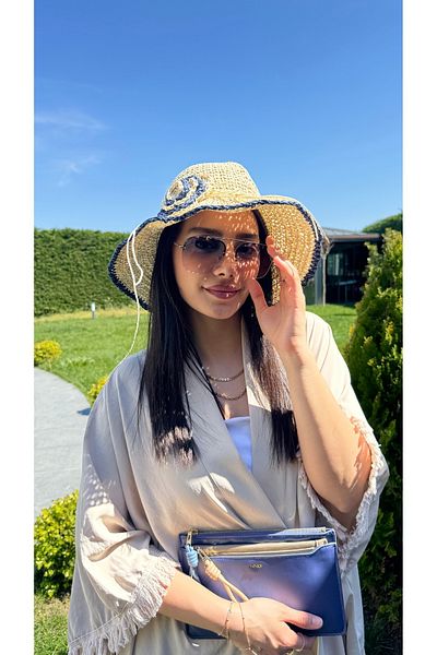 Luminos Butik Beige Natural Hand Knitted Straw Hat with Navy Stripe Sunscreen for Beach and Outdoor Hsr2095