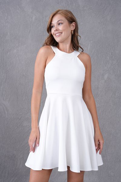 bayansepeti White Stretchy Diver Fabric Flared Mini Dress 2165