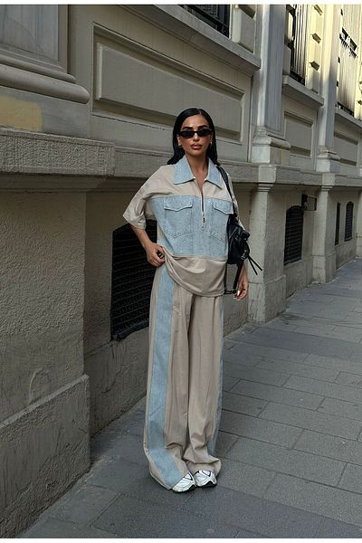 Bliss Γυναικείο κοντομάνικο τζιν με φερμουάρ Oversize κάτω κορυφαίο σετ φόρμας κρέμας