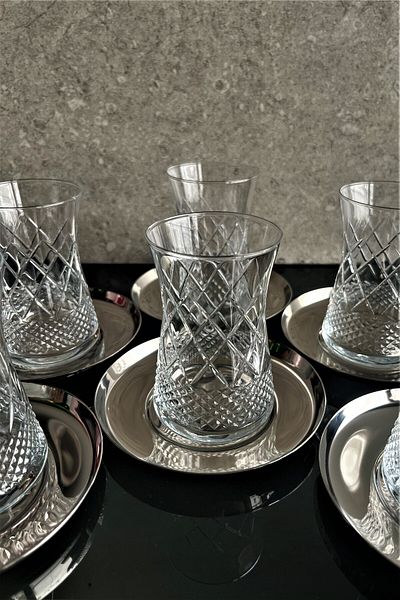 DECOSTYLE Pasabahce Ella Cut Decor Steel Plate Tea Set-6 Person 12 Pieces