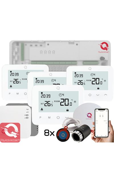 Quicksmart Pachet Automatizare Pardoseala Wireless Q20, Controler 8 zone, 4x termostat Q20, 8x actuator NC, Con