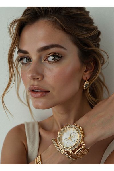 Arzu Butik Women's Wristwatch Metal Strap Stone Gold Yellow Color