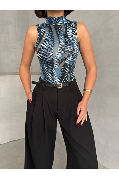 ladyzey tricou fără mâneci cu gât șarpe albastru pentru femei