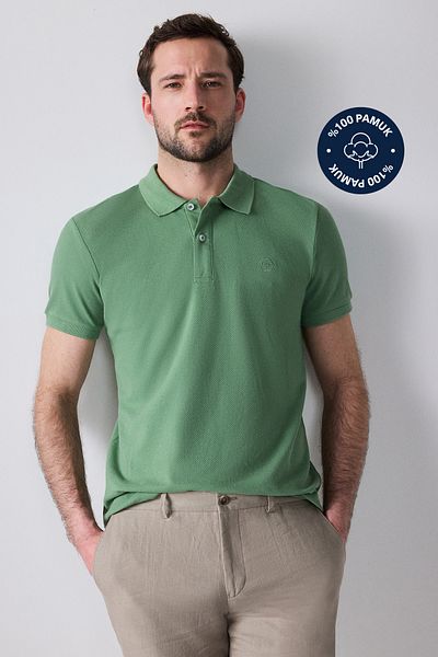 D'S Damat Tricou brodat cu guler polo, 100% bumbac, cu textura piqué verde deschis, cu croială normală