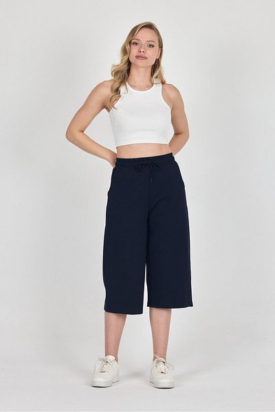mmetalic High Waist Pocket Relaxed Cut Seasonal Women's Knee Length Bermuda Navy Blue Capri Shorts