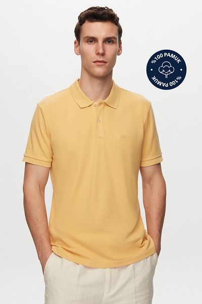 D'S Damat Ds Damat Regular Fit Ανοιχτό κίτρινο 100% βαμβακερό μακράς διαρκείας μπλουζάκι με κέντημα με γιακά πόλο