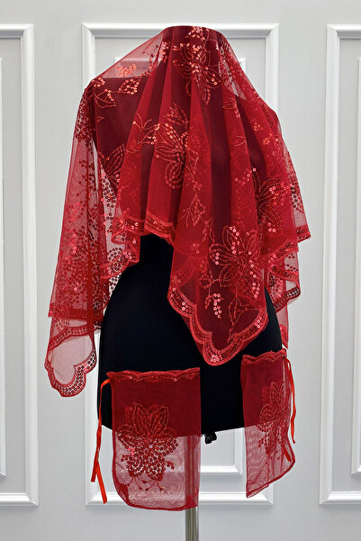 ZEYMERADE Kırmızı Gelin Damat Sağdıç Nedime Kına Gecesi Asker Omuz Örtüsü Şalı Eldivenli Pullu Çiçek Motifli