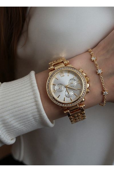 Arzu Butik Women's Wristwatch Metal Strap Stone Gold Yellow Color