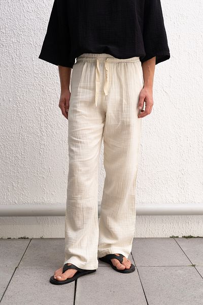 GIESTO White Pants with Draped Lace Detail