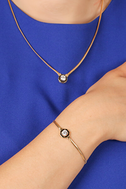 Çgk Çiğdem Gürel Kuyumculuk Siyah Mineli Tektaş Balık Sırtı Altın Set Takım