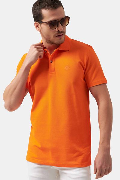 D'S Damat T-Shirt mit regulärer Passform, orangefarbener Piqué-Textur, 100 % Baumwolle, ohne Locken, mit Polokragen und Stickerei