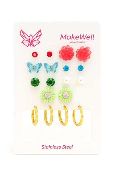 MakeWell Çelik Küpe Renk Atmaz Kararmaz Çelik Kelebek Gül ve Papatyalı Halka Çelik Küpe