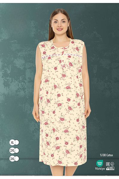 MİSS LOLİTA Women's Plus Size Floral Print 100% Cotton Sleeveless Nightgown 505-B