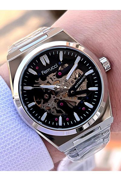 Ferrucci Black Tar Sand Skeleton Model Automatic Active 30 Mt Water Resistant Steel Band Men's Wrist Watch