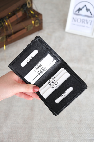 Norvi Leather حامل بطاقة محفظة جلد طبيعي رفيع أسود لامع