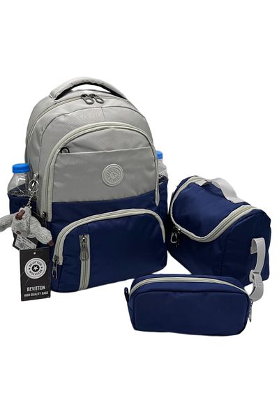 Bevitton First School Bag Set of 3 Unisex Children's Primary School Bag Bvt-8010 Gray-Navy Blue