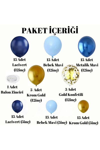Konsept Sepeti Σετ μπαλόνια αλυσίδας 100 τμχ - Μπλε, Navy Blue, Chrome Gold, Confetti και Silver Welcome Banner