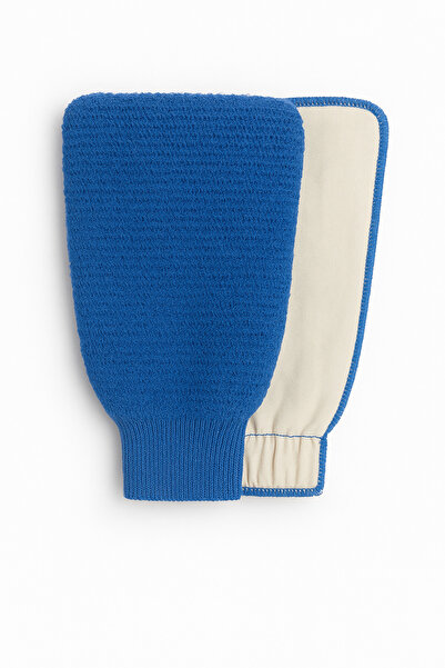 BEYZANA حقيبة استحمام مطاطية مزدوجة الجوانب خاصة وقفاز تقشير مع موزع صابون أزرق