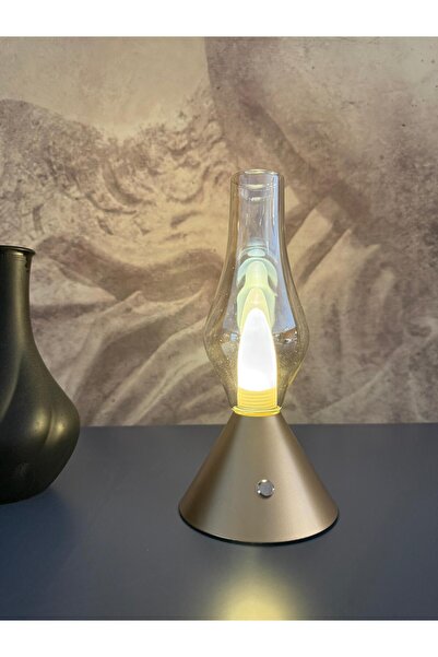 Home Zarif Alev Formlu Nostaljik Led Masa Lambası - Altın Metal & Cam Tasarım