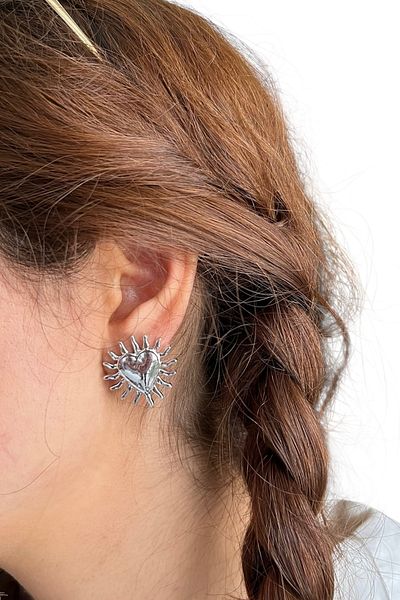 stravis Silver Color Heart Detail Sun Earrings