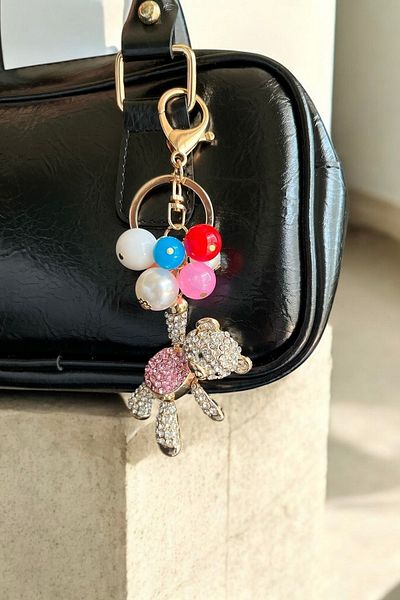 stravis Stone Embroidered Keychain Bag Charm with Teddy Bear Figure
