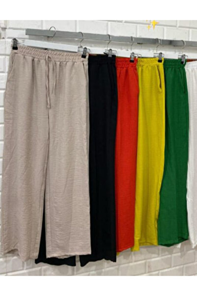 LEGS STAR Women's Beige Sofia Linen Double Pocket Wide Leg Trousers