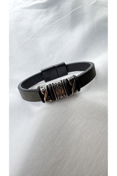 Aksesuar Green Textured Ethnic Decorated Embroidered Men's Leather Bracelet