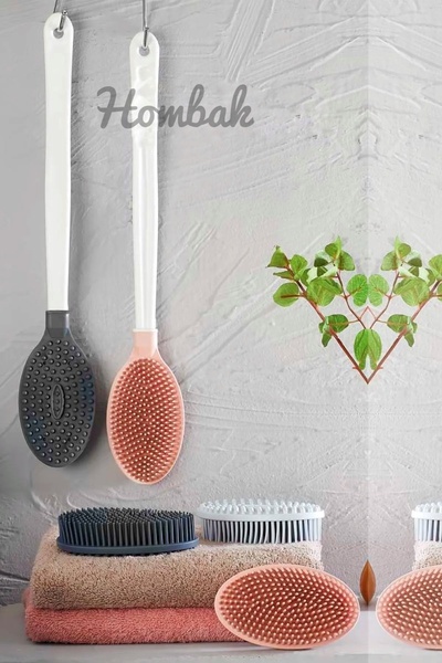 Hombak Silikon Masajlı Uzun Saplı Vücut Ve Masaj Fırçası Banyo Sırt Kesesi