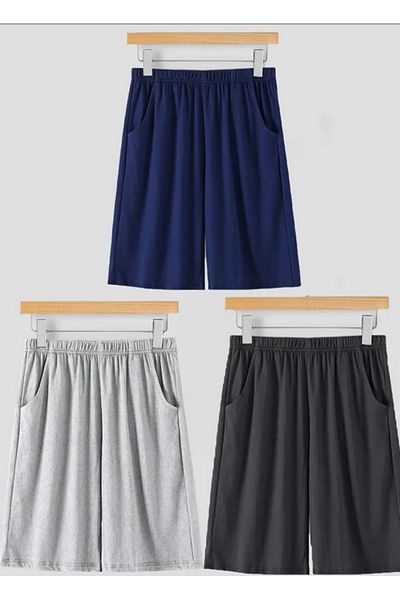 yg ydn giyim 3-Piece Gray-Black-Navy Blue Color Relaxed Fit Soft Fabric Elastic Waist Summer Shorts with Pockets