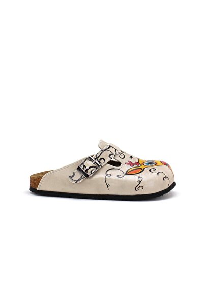 Goby Sevimli Geyikler Desen Baskılı Burnu Kapalı Krem Turuncu Sabo Kadın Terlik