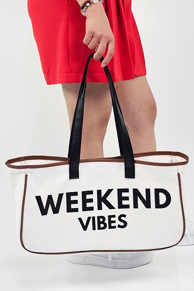 woys Weekend Vibes Γυναικεία τσάντα παραλίας από ύφασμα από καμβά