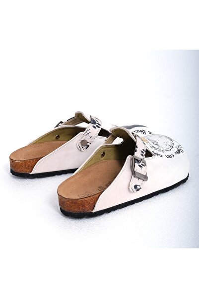 Goby Sevimli Canavar Ve Kara Kedi Desen Baskılı Burnu Kapalı Beyaz Sabo Kadın Terlik