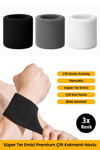 SÖYLEMEZ ÇORAP 3'lü Karışık Set Süper Ter Emici Premium Çift Kat Tenis Basketbol Futbol İçin Sporcu Havlu Bileklik