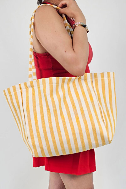 Woys Bags Sarı Çizgili Desen Dokuma Plaj Çantası