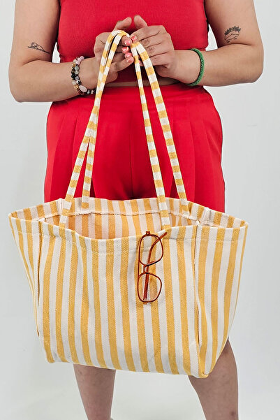 Woys Bags Sarı Çizgili Desen Dokuma Plaj Çantası