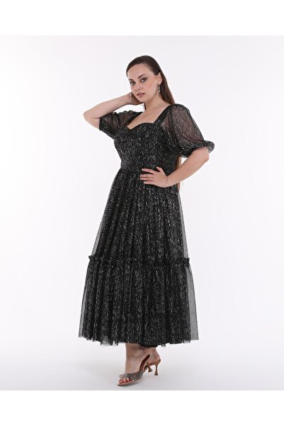 Asees Kadın Abiye Ve Mezuniyet Elbise Gümüş Varaklı Kırçıl Desen Kalp Yaka Abiye Elbise