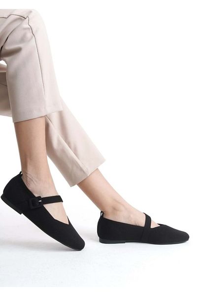 Kocamanlar Ayakkabı Feles Blunt Toe Belt Detailed Women's Ballerina Shoes Black
