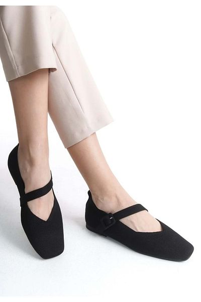 Kocamanlar Ayakkabı Feles Blunt Toe Belt Detailed Women's Ballerina Shoes Black