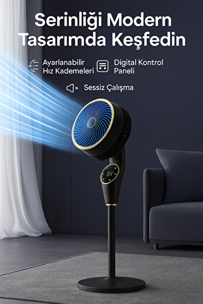 Yellowtech Dijital Ekranlı Akıllı Ayaklı Vantilatör – Kumandalı, Sessiz, 3 Kademe, 90° Dönüş, Modern Tasarım