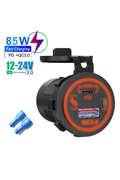 Choice1 Red 85W PD Type C/QC 3.0 USB Car Charger with Switch Fast Charge Sock...