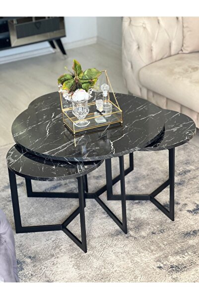 AssuCass Asya Metal Orta Sehpa ve Zigon Sehpa Seti Siyah Mermer Desen