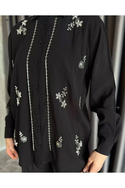 nizzell Women's New Season Embroidered Hijab Tunic Pants Suit Comfortable Stylish Suit Black