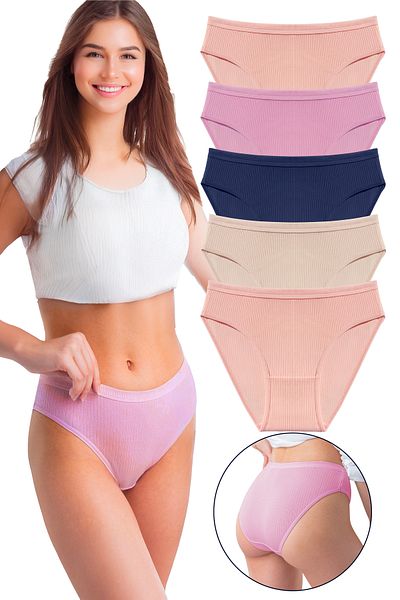 Humaone Női 100% pamut 5 részes bordás derék bikini bugyi cica száj, poros rózsa, indigó, bőr Bk2-a3