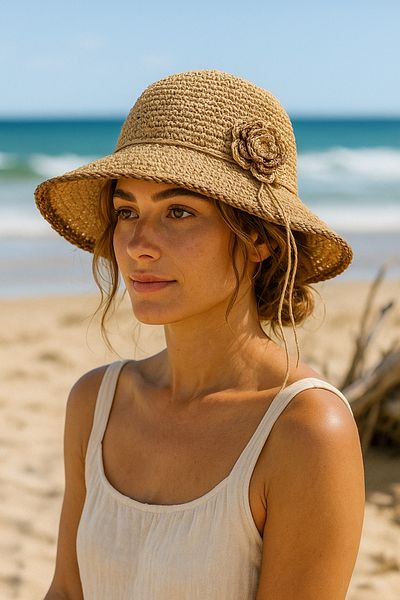 Luminos Butik Camel Natural Hand Knitted Straw Hat with Coffee Stripe Sunscreen Accessory for Beach and Outdoor Hsr2095